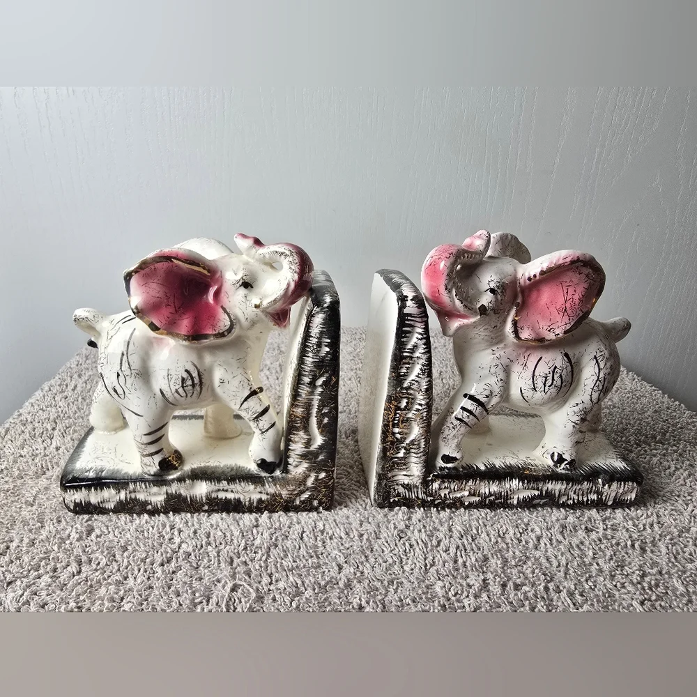 Retro Mid Century Hand Painted Elephant Bookends With Trunks Up